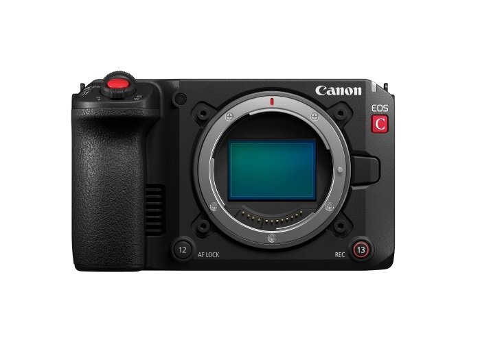 Canon EOS C50 compact cinema camera body, front view on white