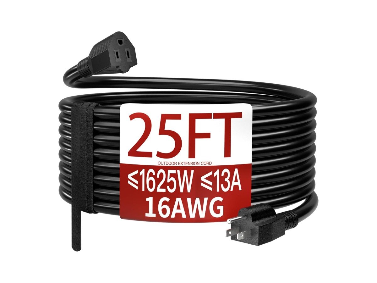 Black 25 foot extension cord for powering the speaker