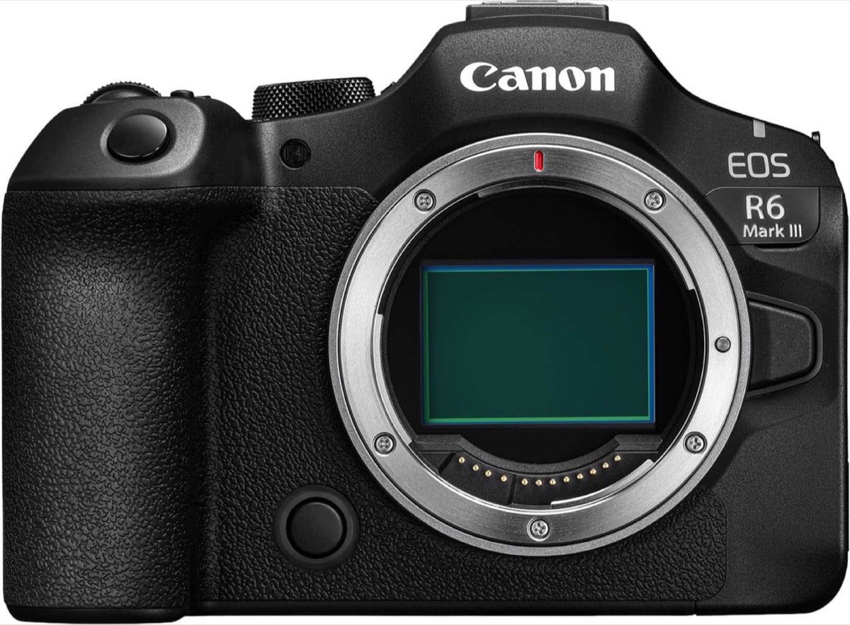 Canon EOS R6 Mark III mirrorless camera body, front view on white