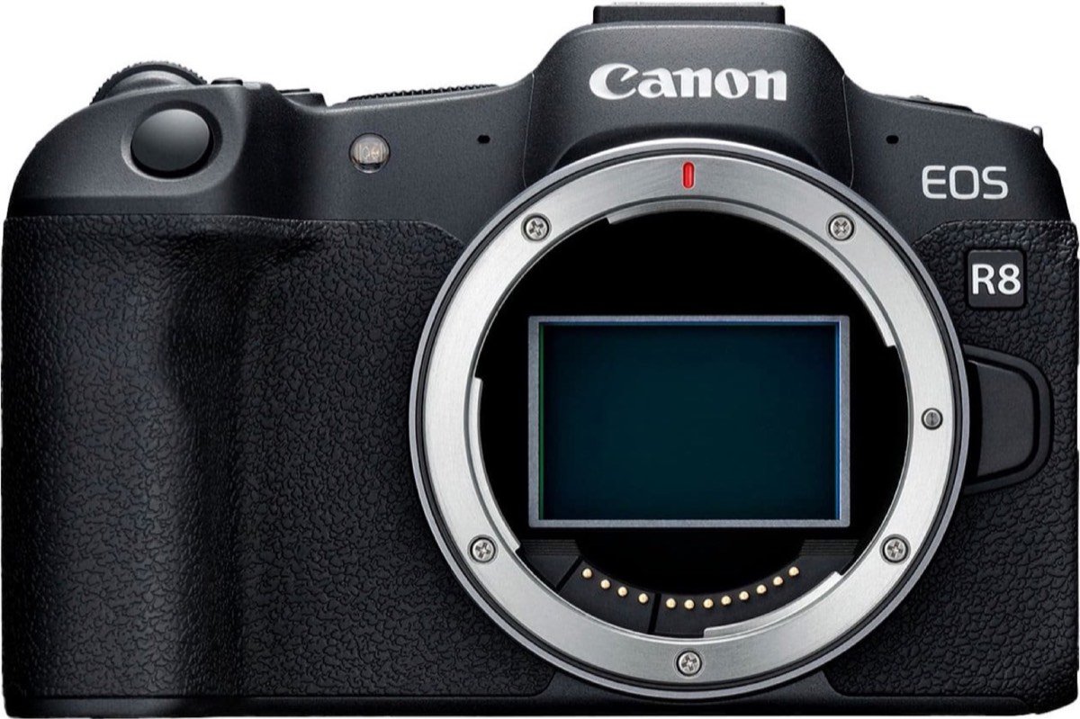 Canon EOS R8 full frame mirrorless camera body, front view on white