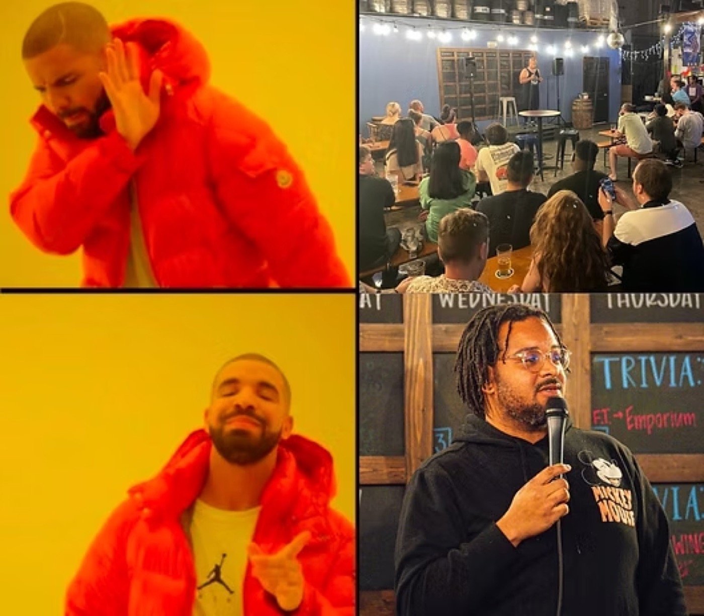 Meme contrasting a distant phone clip of a bar comedy show with a close, well-lit shot of a comedian