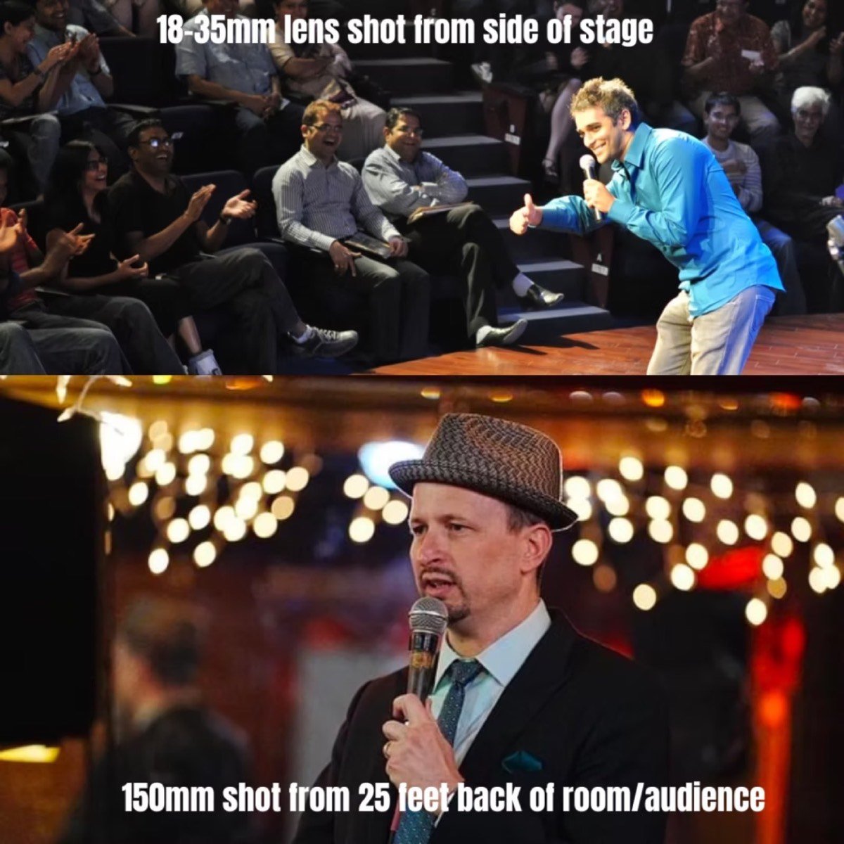 Two comedy shots compared: an 18-35mm lens from the side of the stage and a 150mm lens from 25 feet back