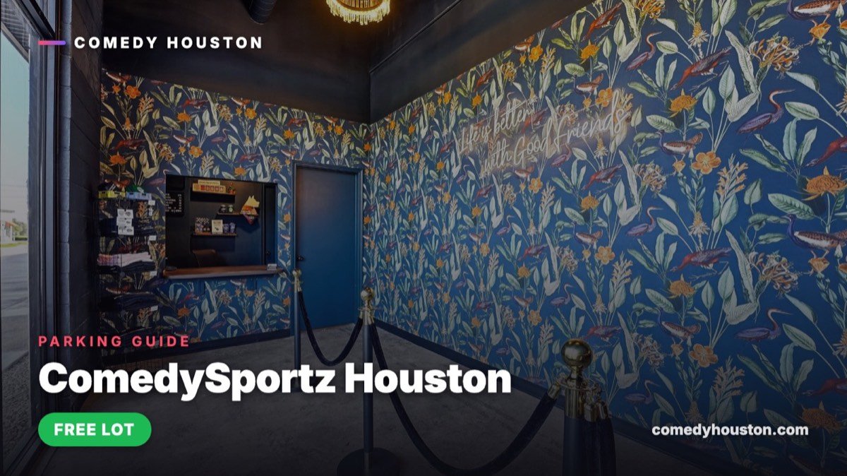 Parking guide card for ComedySportz Houston with a free lot badge over the Good Friend Theater lobby with floral wallpaper and neon sign