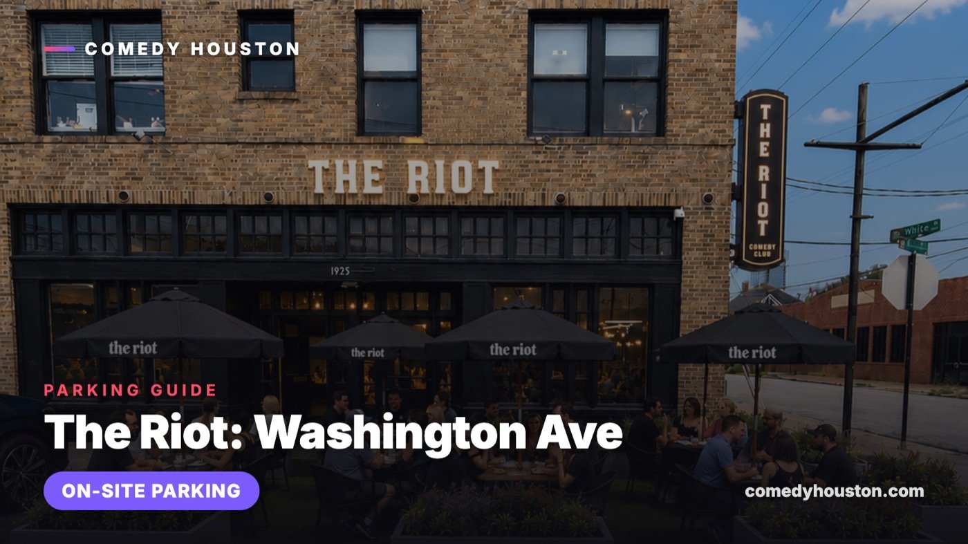 Parking guide card for The Riot Comedy Club with an on-site parking badge over the new brick building and patio on Washington Avenue