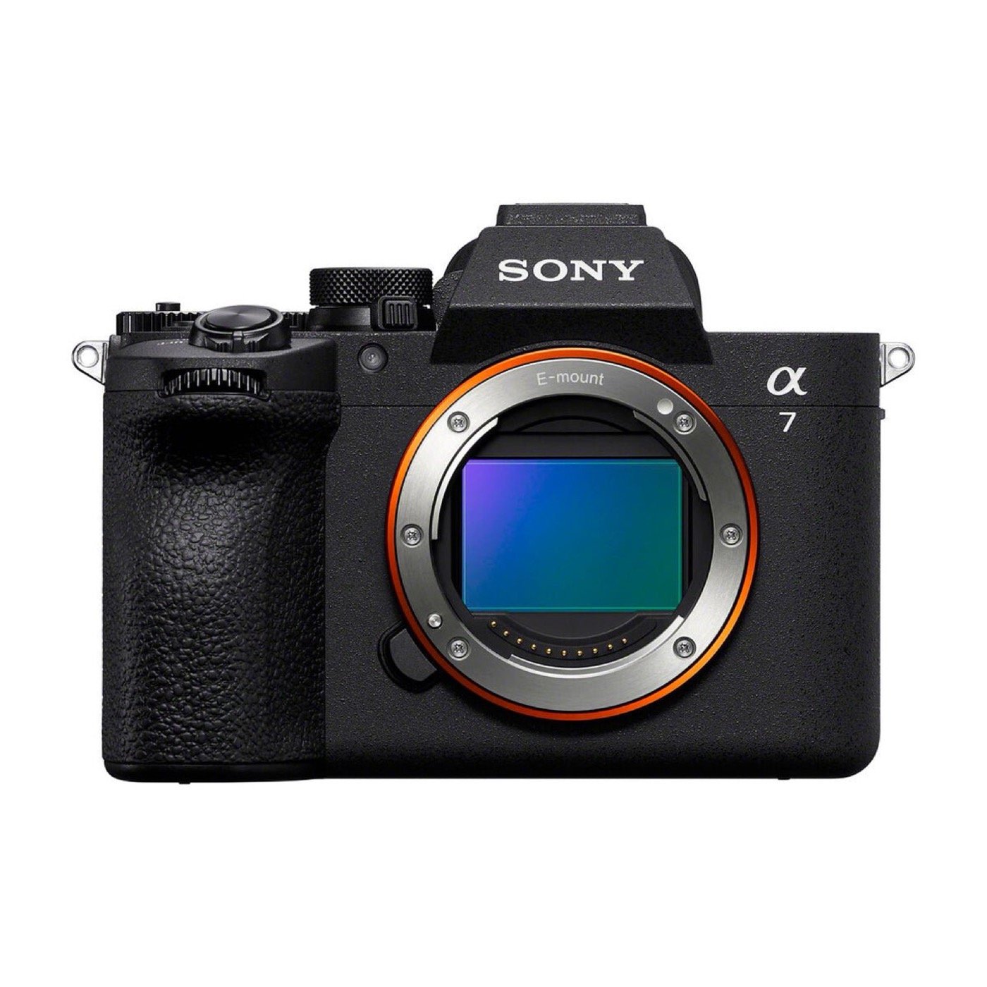 Sony a7 V mirrorless camera body, front view on white