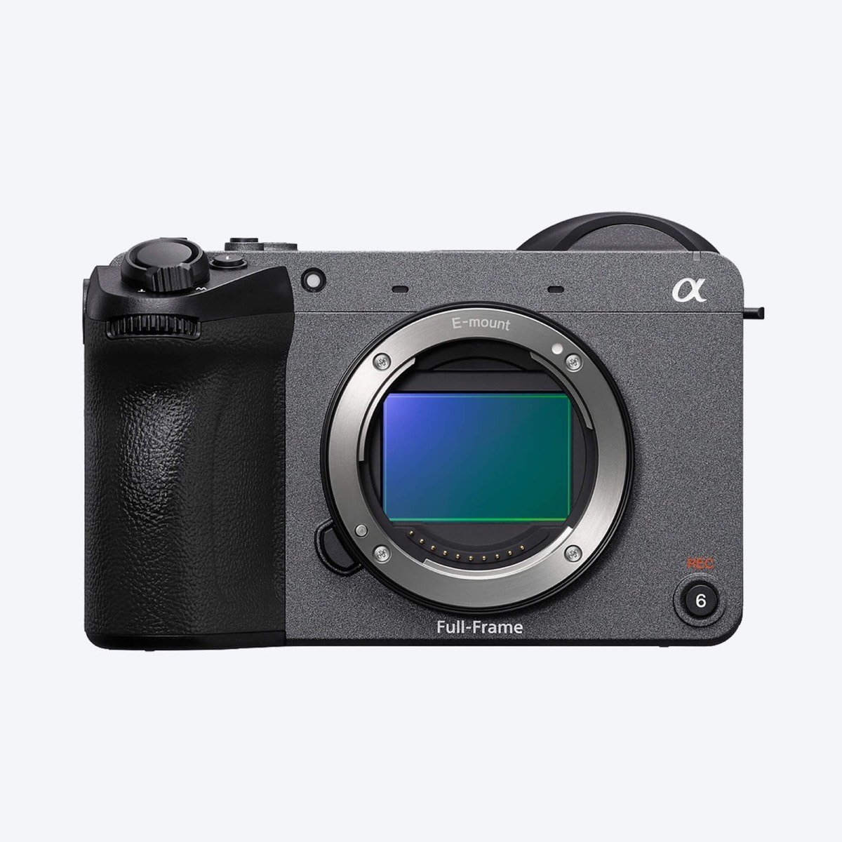 Sony FX2 full frame cinema camera body, front view on white