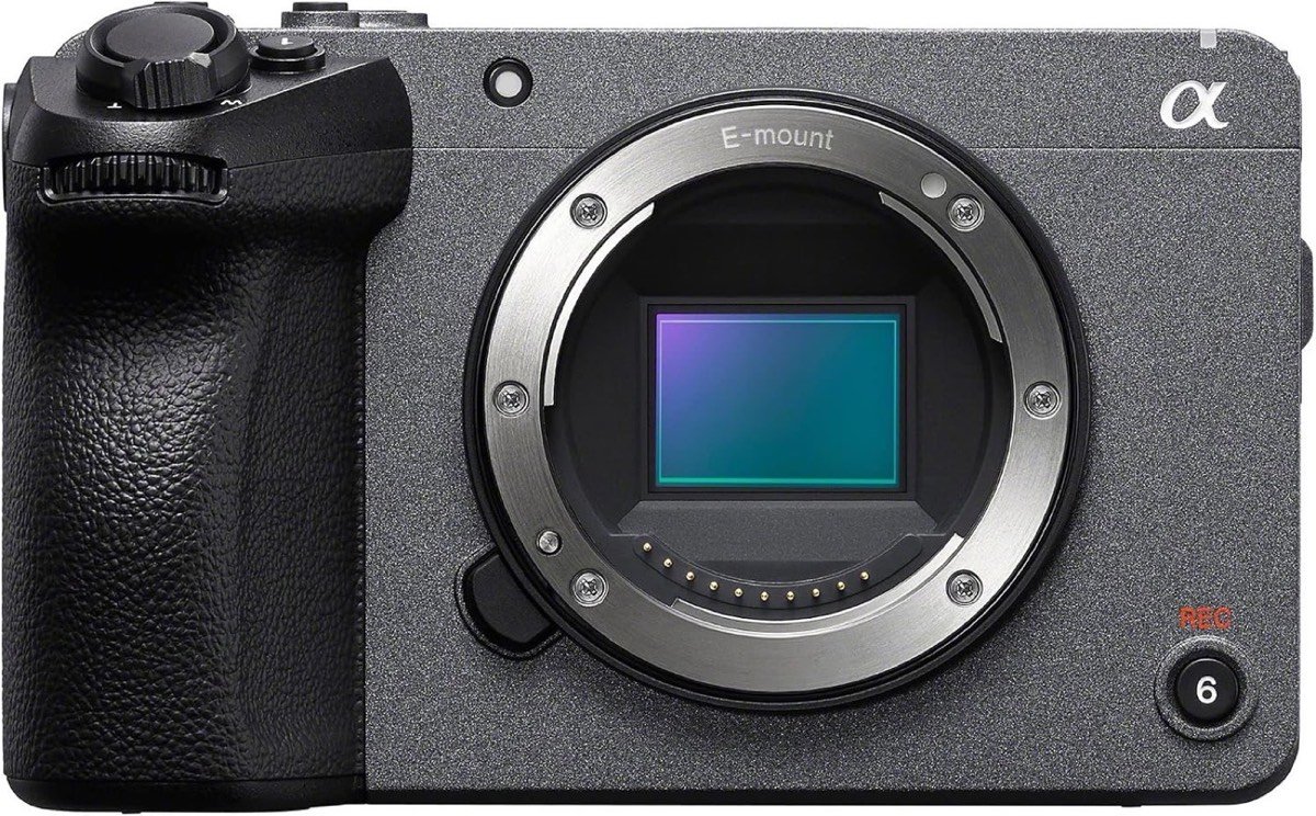 Sony FX30 cinema line camera body, front view on white