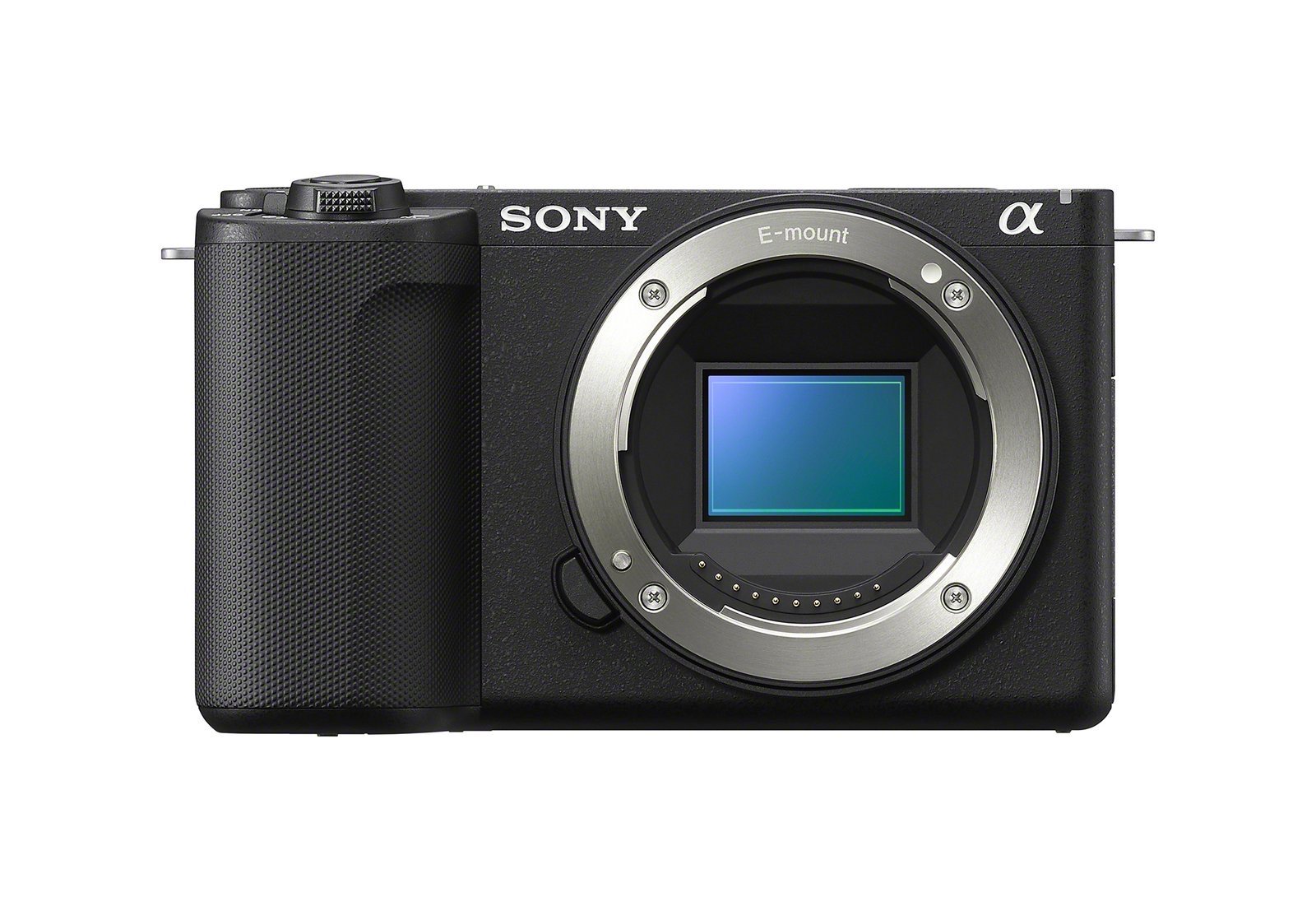 Sony ZV-E10 II vlogging camera body, front view on white
